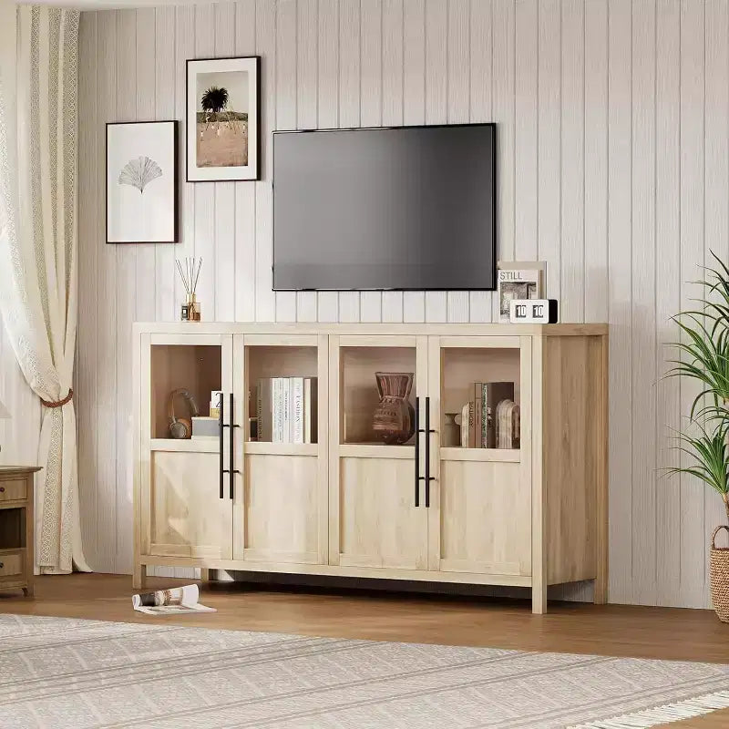 Buffet enfilade moderne 55 po avec 4 portes vitrées et rangement, pour cuisine, salle à manger, salon (Verre avec 4 portes, Noyer Américain)