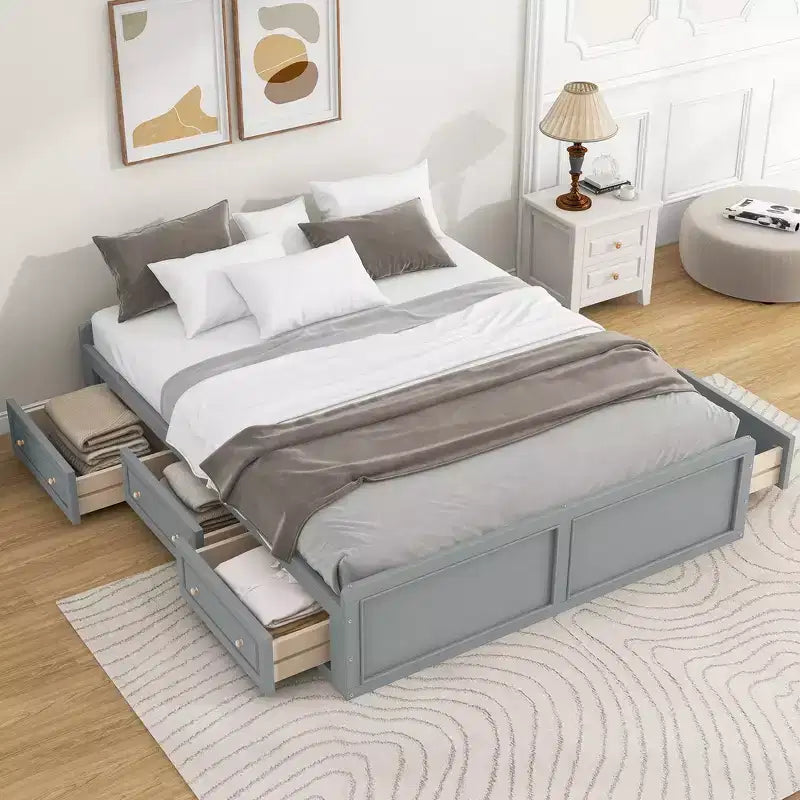 Cadre de lit plateforme en bois Queen Size avec 6 tiroirs