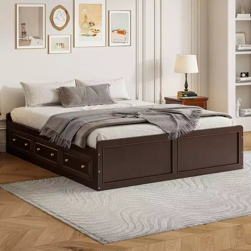 Cadre de lit plateforme en bois Queen Size avec 6 tiroirs