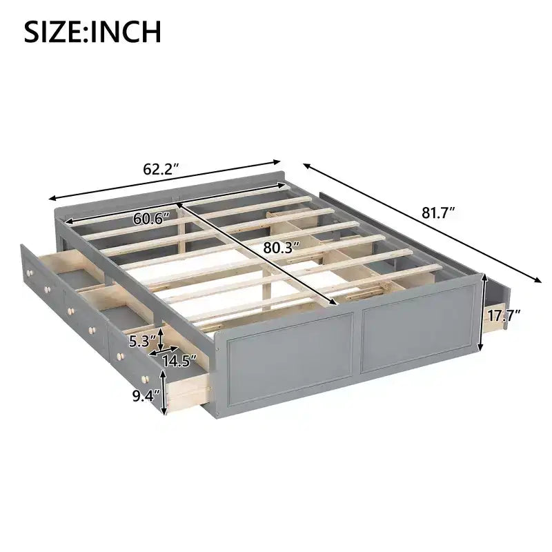 Cadre de lit plateforme en bois Queen Size avec 6 tiroirs