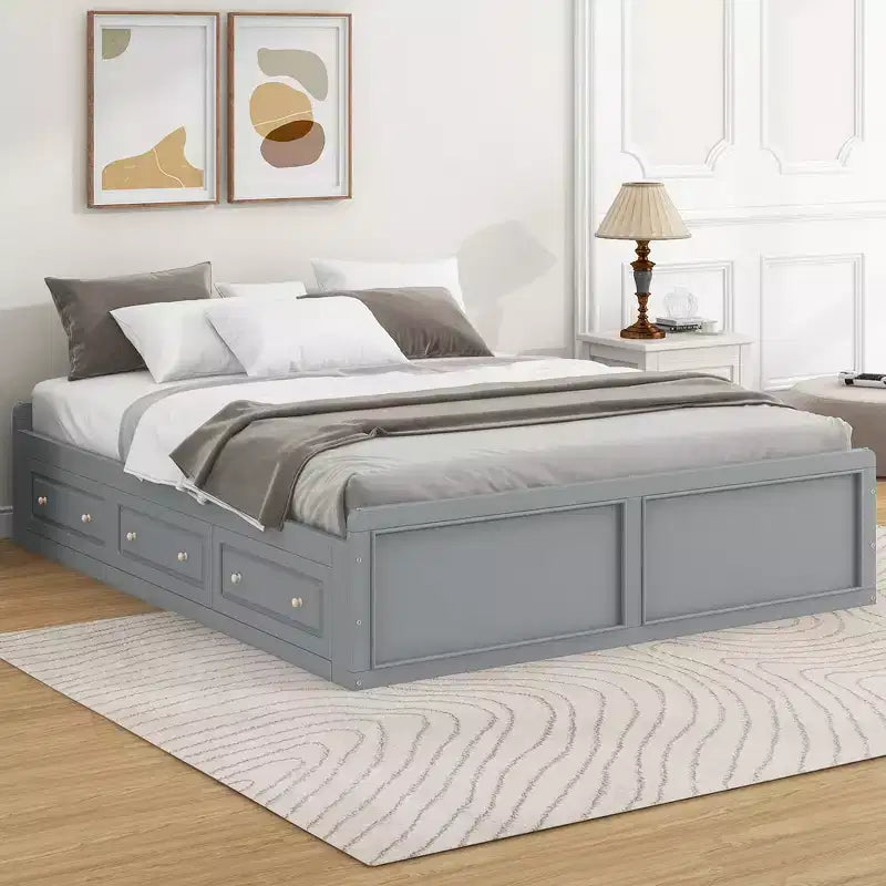 Cadre de lit plateforme en bois Queen Size avec 6 tiroirs