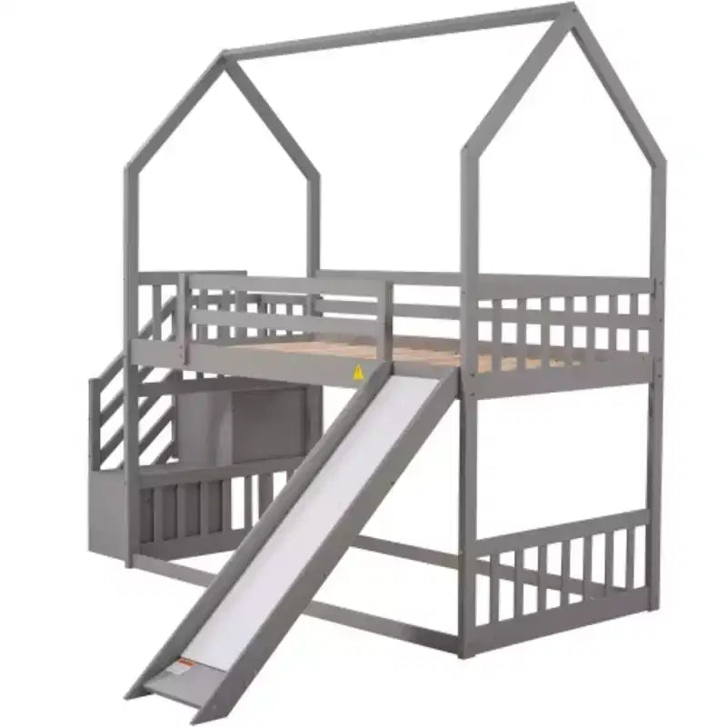 Lit superposé en forme de maison avec toboggan convertible et escalier de rangement