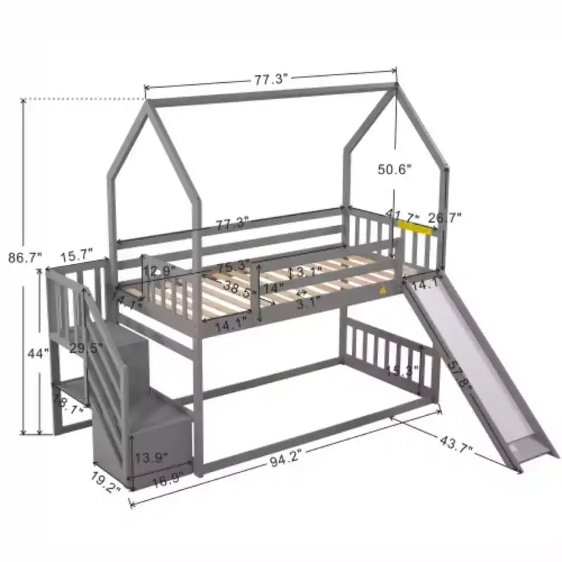 Lit superposé en forme de maison avec toboggan convertible et escalier de rangement