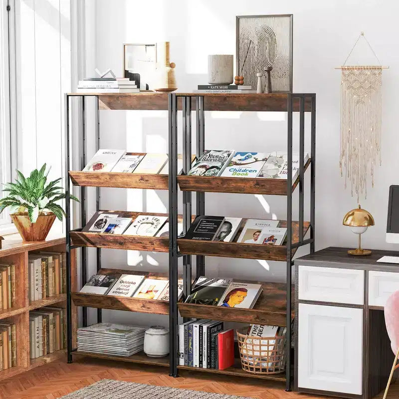 Bibliothèque à 5 niveaux avec étagères inclinables, Étagère de rangement et de présentation