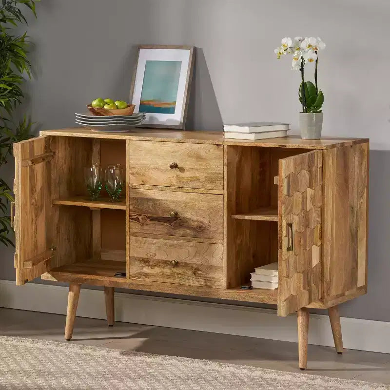 Buffet bas Bohème Fait Main en Bois de Mangue avec Rangement