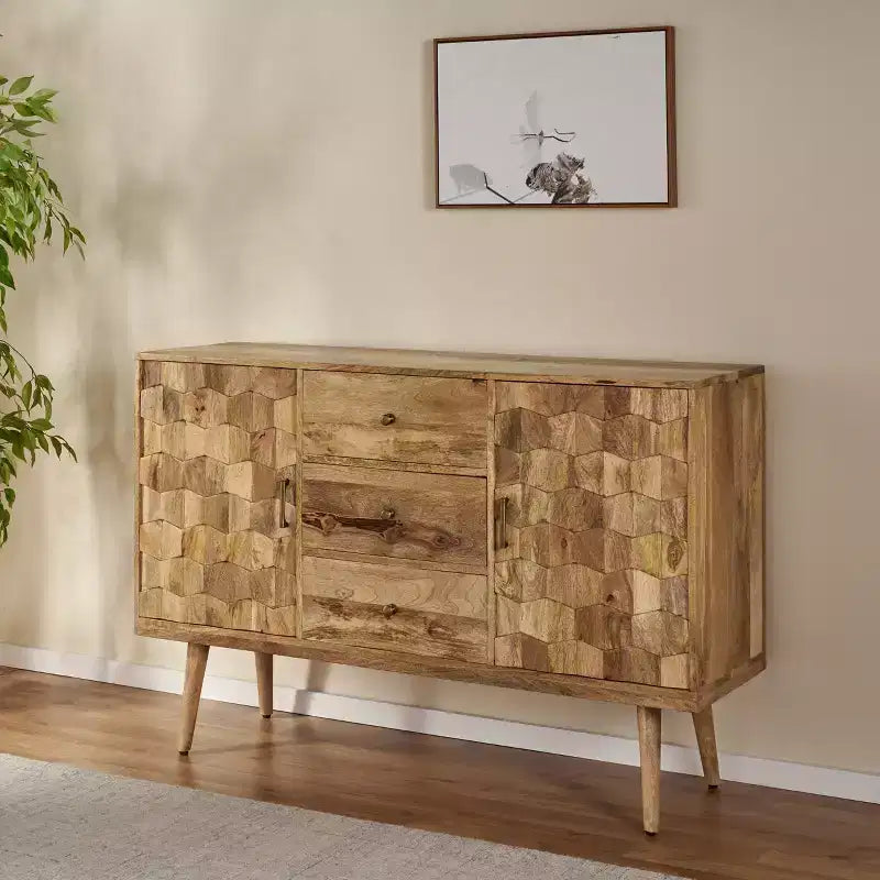 Buffet bas Bohème Fait Main en Bois de Mangue avec Rangement