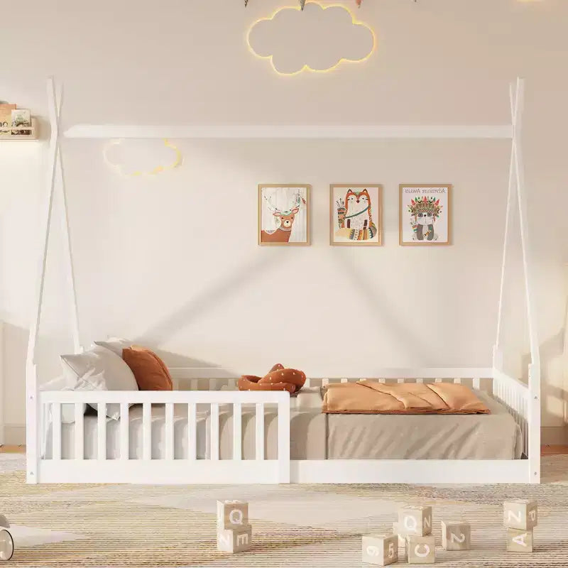 Lit au sol en bois, lit plateforme avec barrière