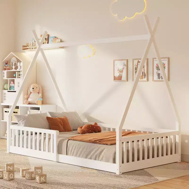 Lit au sol en bois, lit plateforme avec barrière