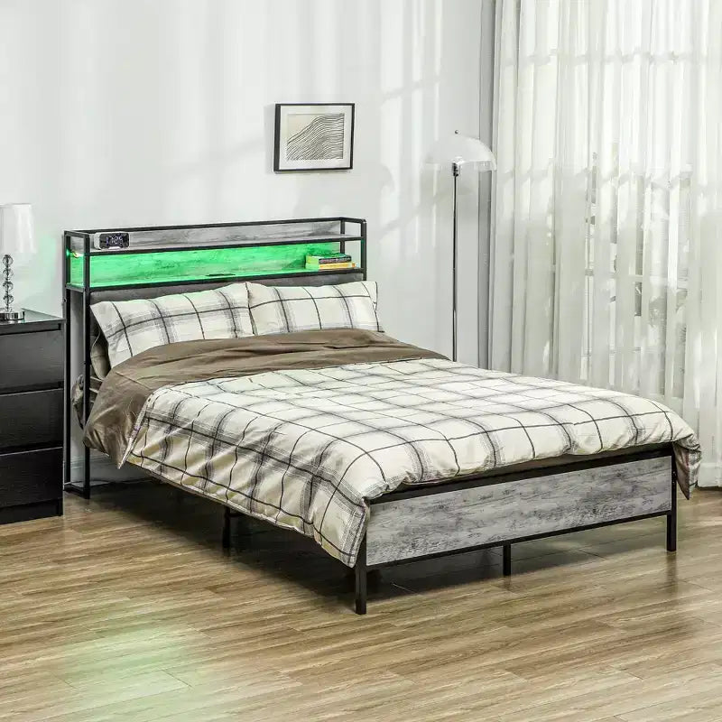 Cadre de lit avec tête de lit de rangement, lit plateforme avec lumières LED