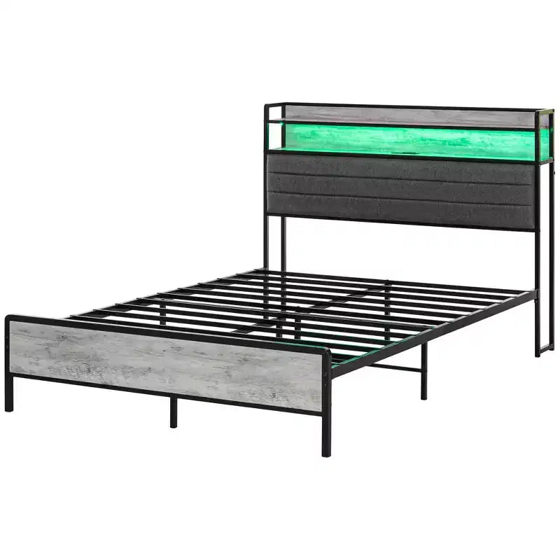 Cadre de lit avec tête de lit de rangement, lit plateforme avec lumières LED