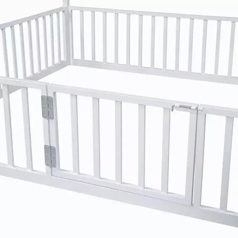 Lit plateforme, cadre de lit en métal en forme de maison avec clôture et porte