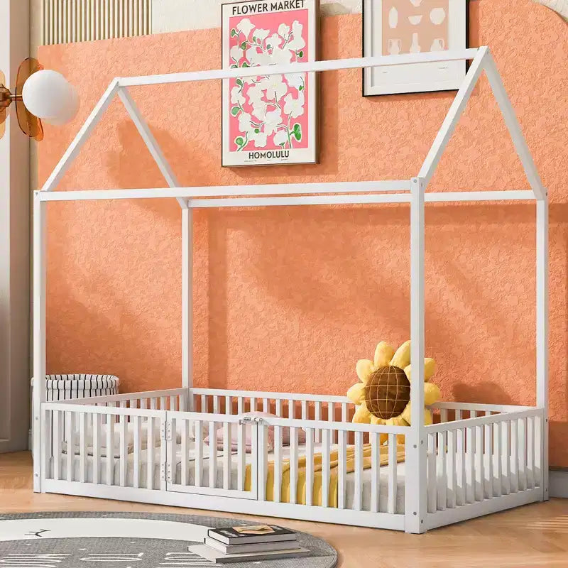 Lit plateforme, cadre de lit en métal en forme de maison avec clôture et porte