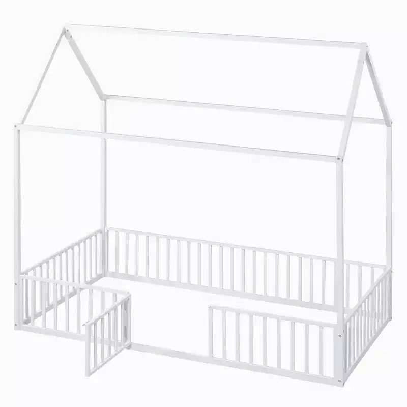 Lit plateforme, cadre de lit en métal en forme de maison avec clôture et porte
