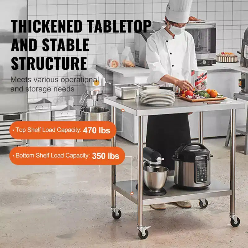 Table de travail en acier inoxydable avec 4 roues, 3 niveaux de hauteur réglables