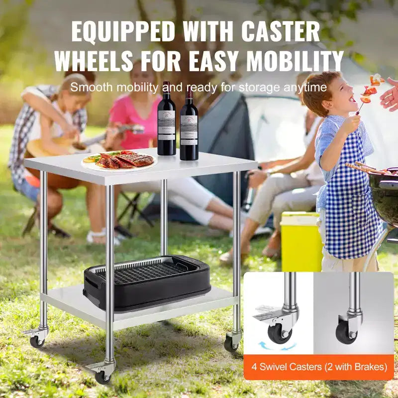 Table de travail en acier inoxydable avec 4 roues, 3 niveaux de hauteur réglables
