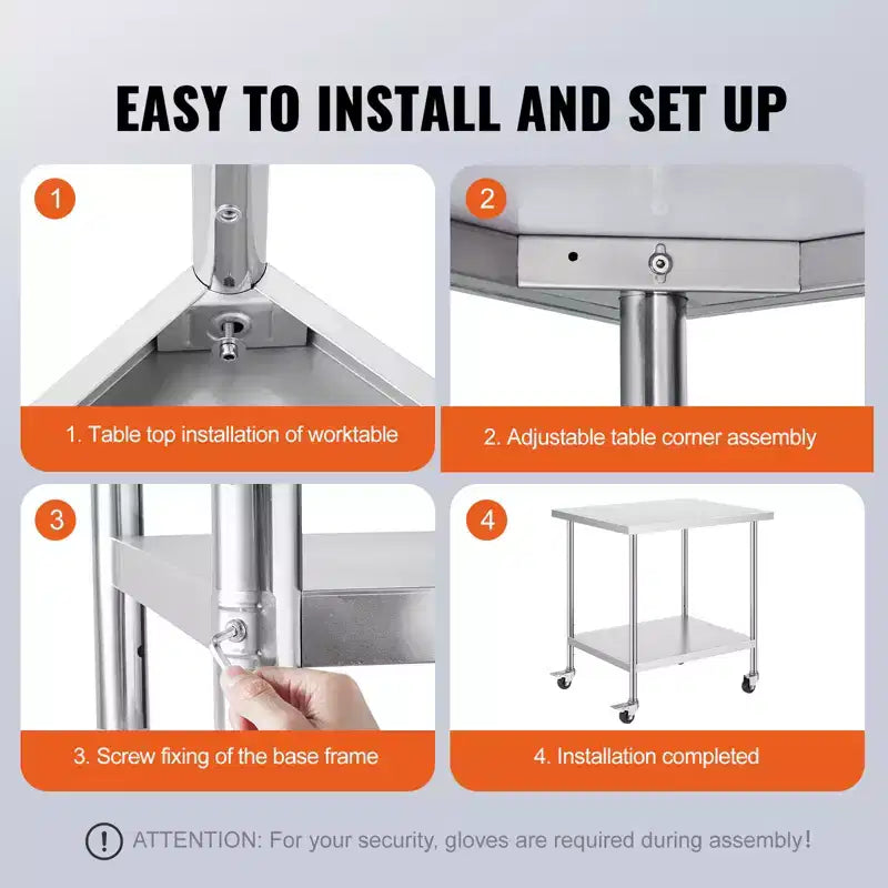 Table de travail en acier inoxydable avec 4 roues, 3 niveaux de hauteur réglables