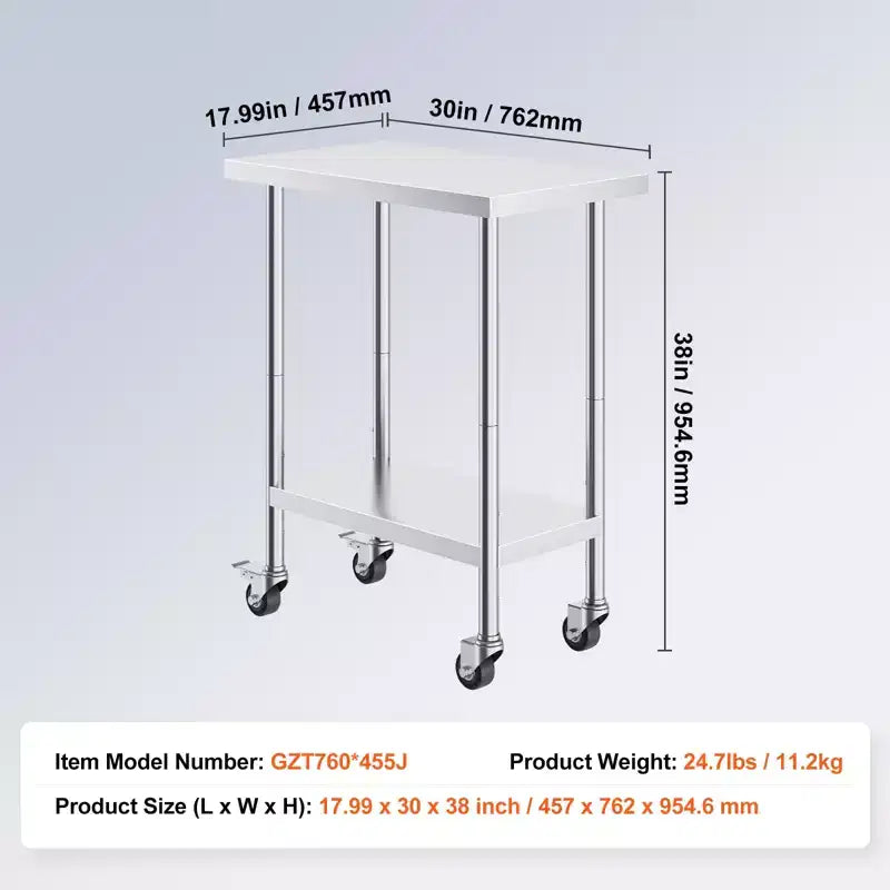 Table de travail en acier inoxydable avec 4 roues, 3 niveaux de hauteur réglables
