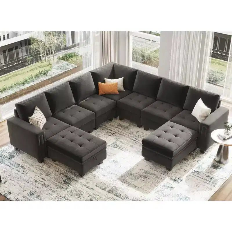 Banquette longue modulaire en velours capitonné