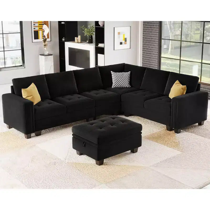 Banquette longue modulaire en velours capitonné