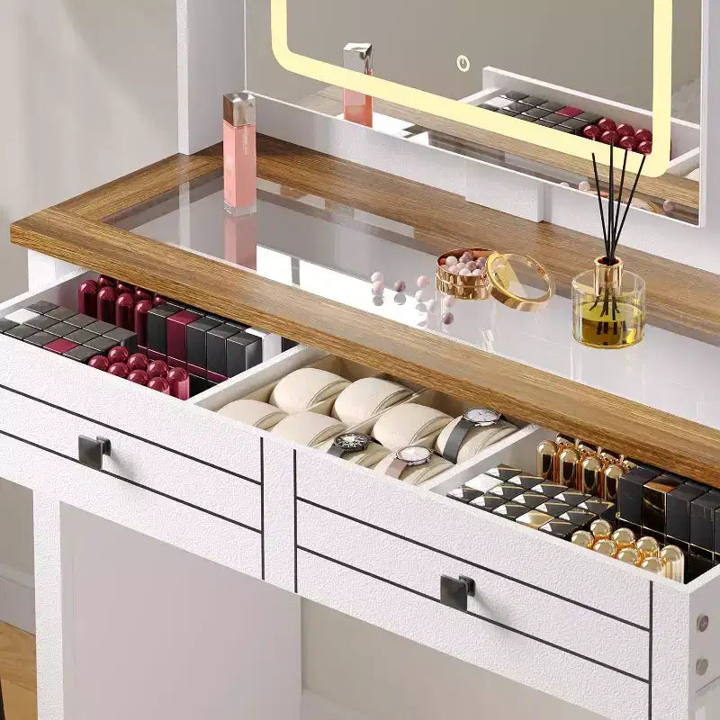 Coiffeuse de style rustique avec miroir éclairé à plateau en verre