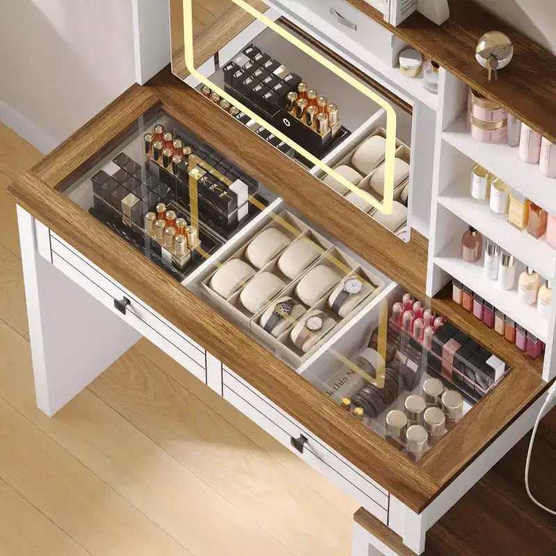 Coiffeuse de style rustique avec miroir éclairé à plateau en verre