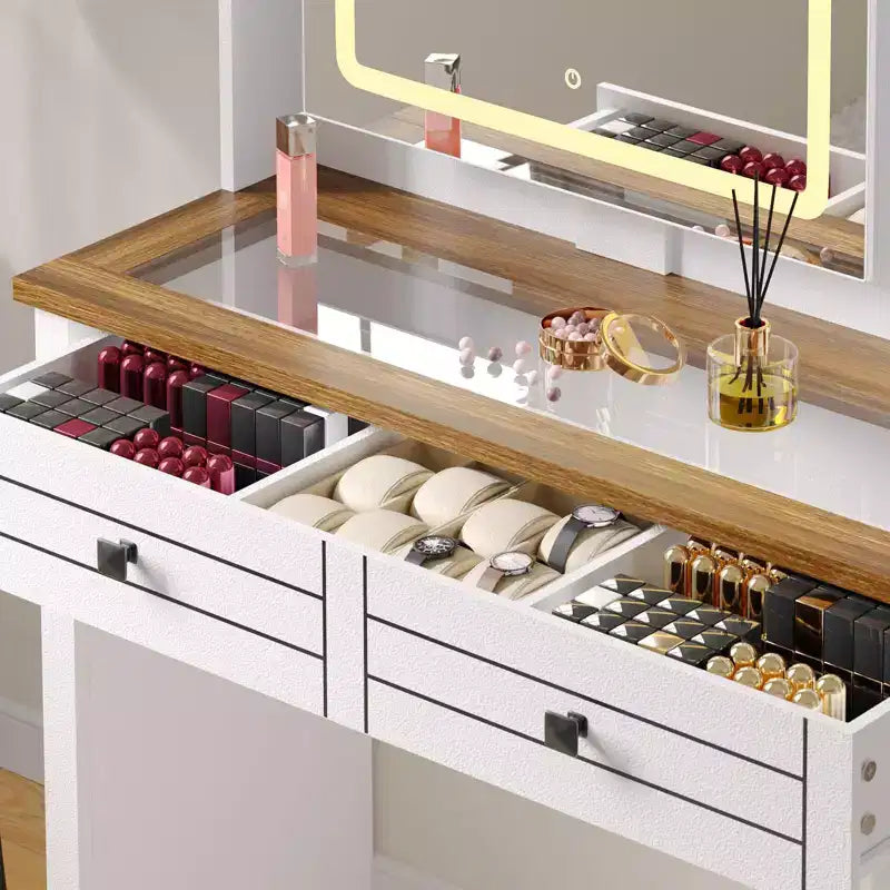 Coiffeuse de style rustique avec miroir éclairé à plateau en verre