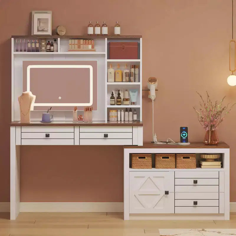 Coiffeuse de style rustique avec miroir éclairé à plateau en verre