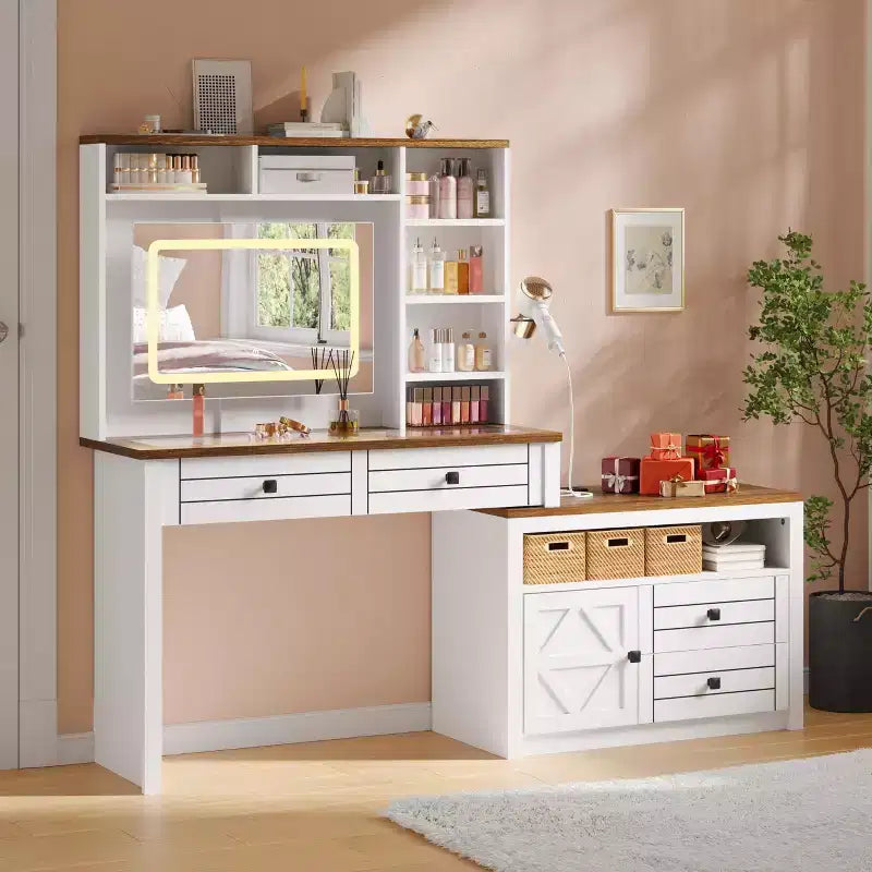 Coiffeuse de style rustique avec miroir éclairé à plateau en verre