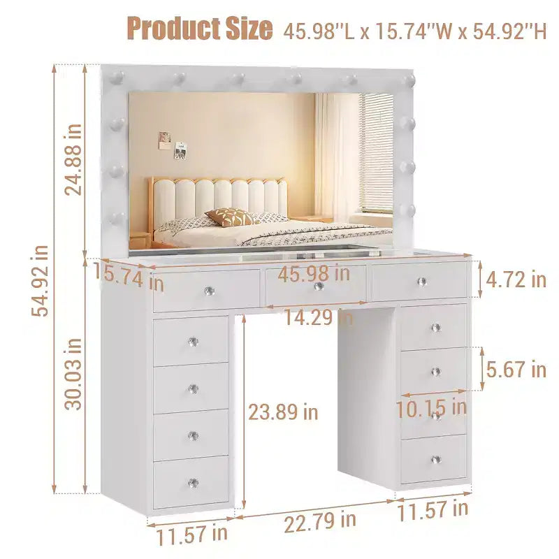 Coiffeuse de style rustique avec miroir éclairé à plateau en verre
