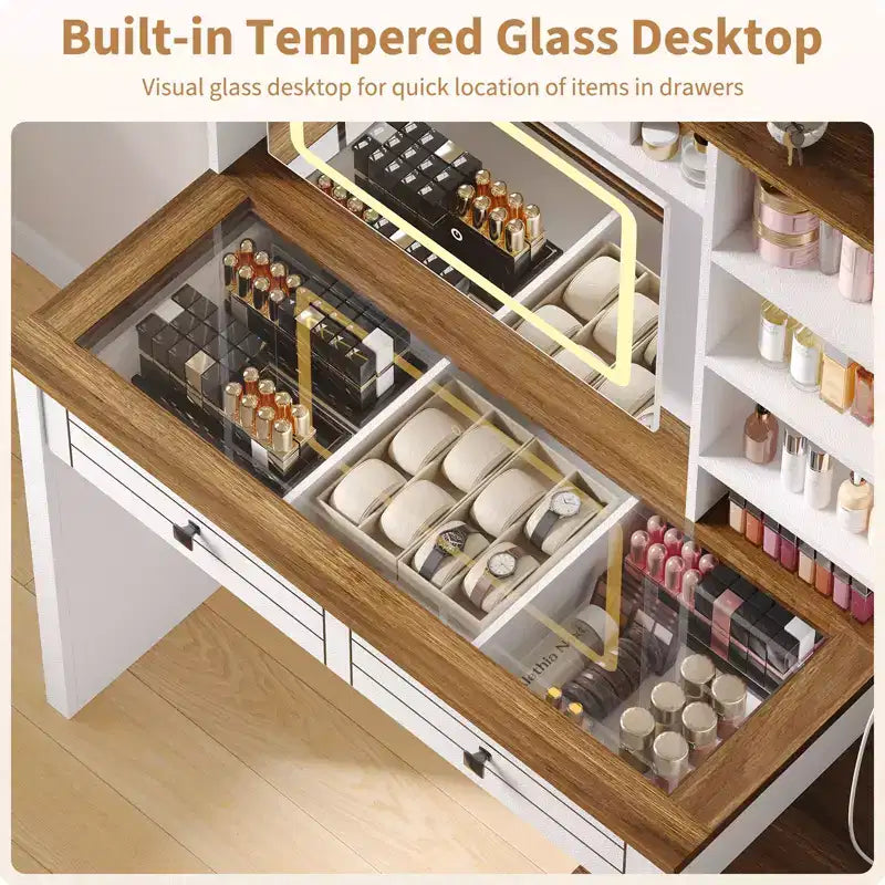 Coiffeuse de style rustique avec miroir éclairé à plateau en verre