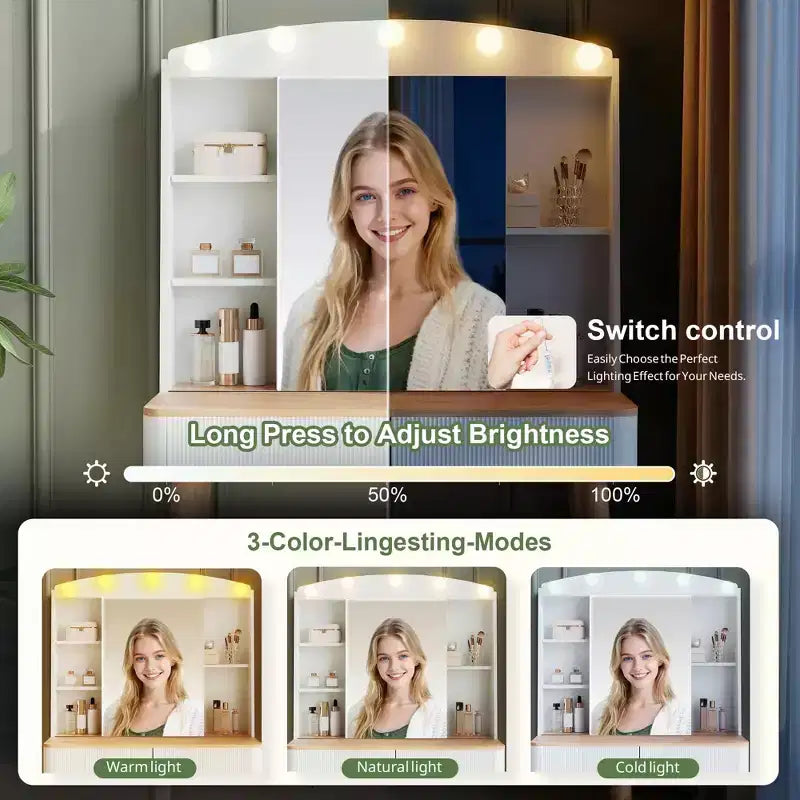 Coiffeuse de style rustique avec miroir éclairé à plateau en verre