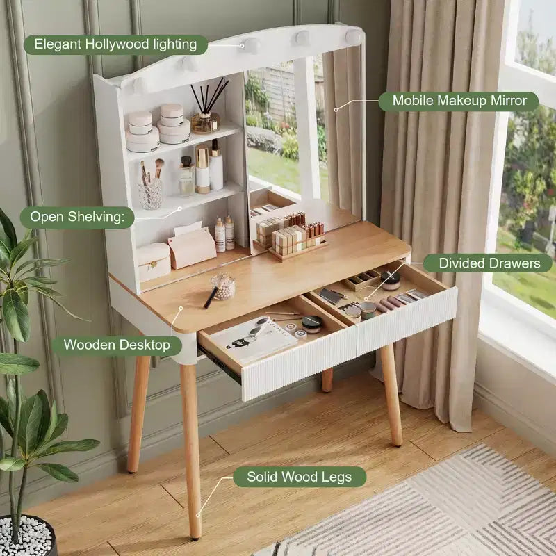 Coiffeuse de style rustique avec miroir éclairé à plateau en verre