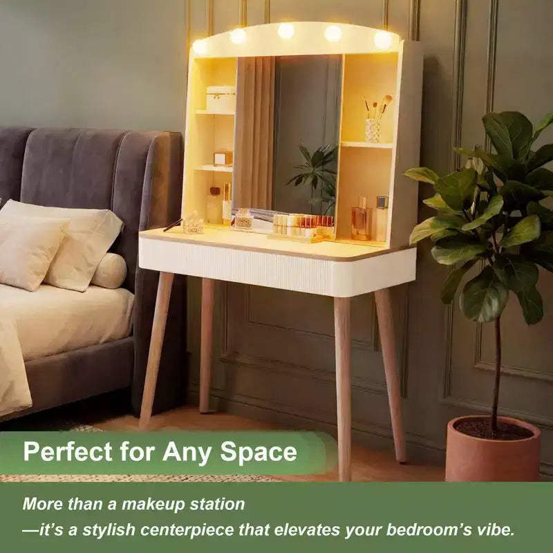 Coiffeuse de style rustique avec miroir éclairé à plateau en verre