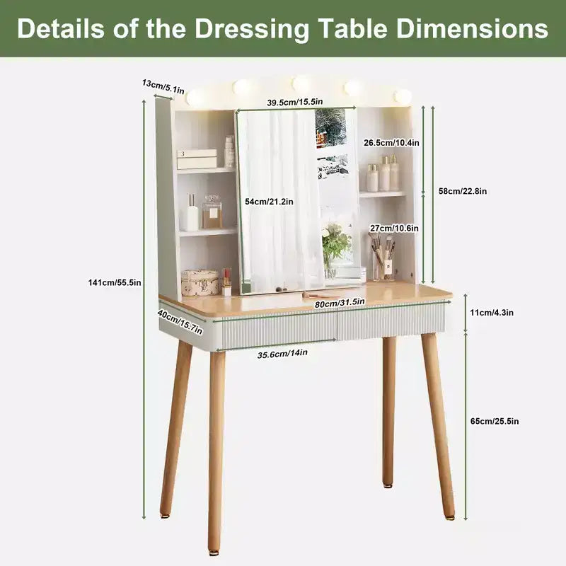 Coiffeuse de style rustique avec miroir éclairé à plateau en verre