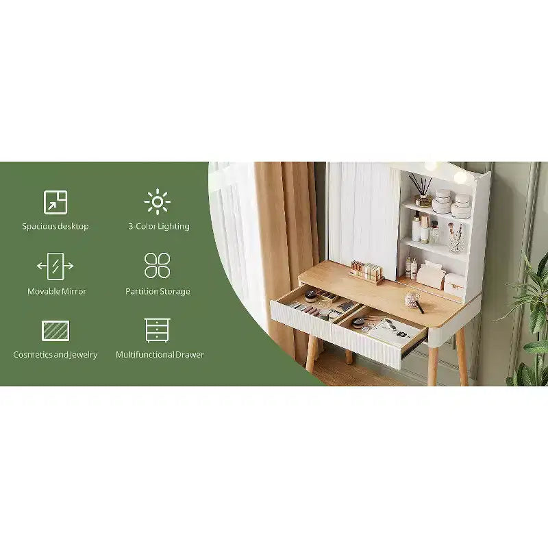 Coiffeuse de style rustique avec miroir éclairé à plateau en verre