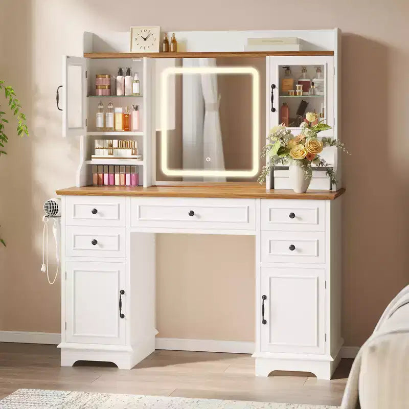 Coiffeuse de style rustique avec miroir éclairé à plateau en verre