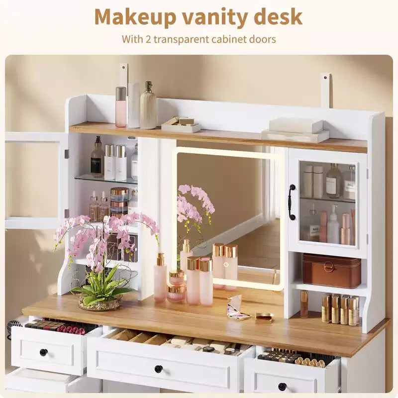 Coiffeuse de style rustique avec miroir éclairé à plateau en verre