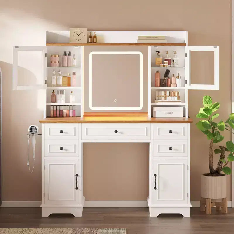 Coiffeuse de style rustique avec miroir éclairé à plateau en verre