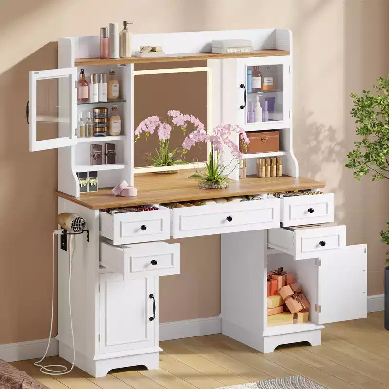 Coiffeuse de style rustique avec miroir éclairé à plateau en verre