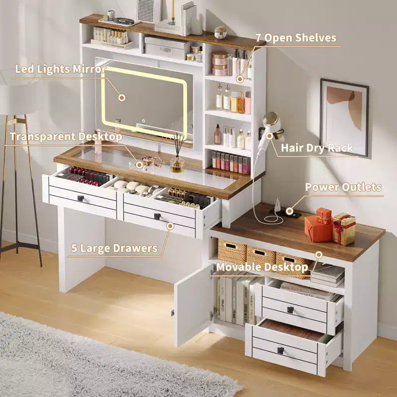 Coiffeuse de style rustique avec miroir éclairé à plateau en verre