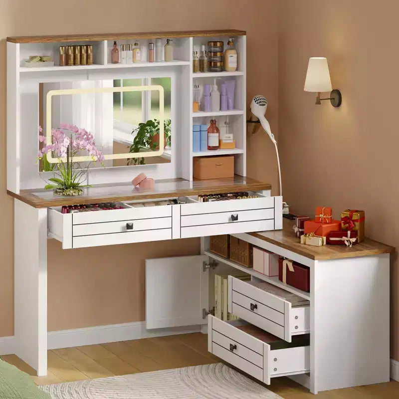 Coiffeuse de style rustique avec miroir éclairé à plateau en verre