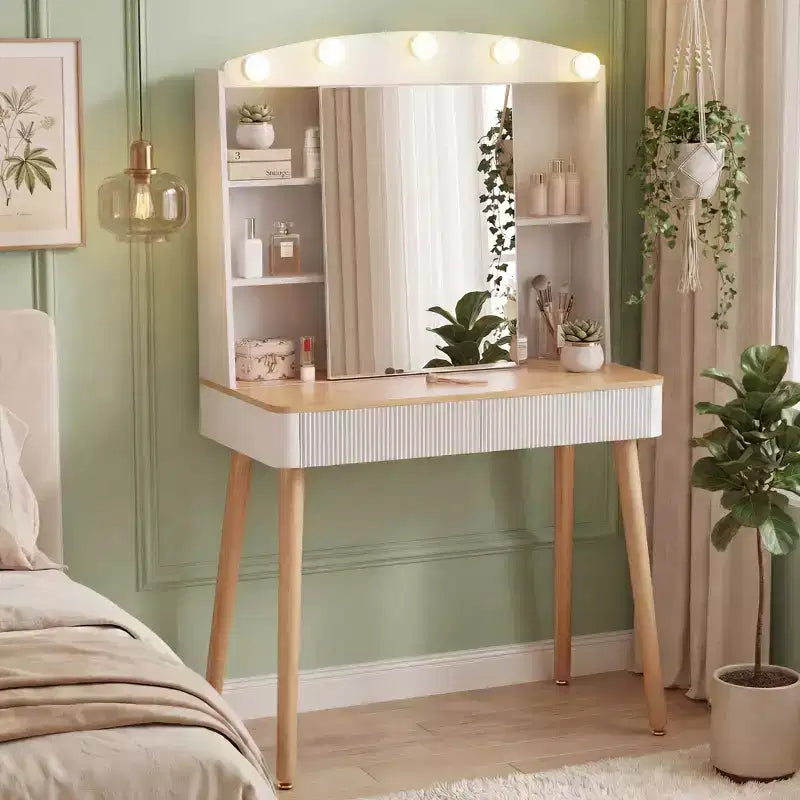 Coiffeuse de style rustique avec miroir éclairé à plateau en verre