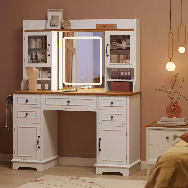 Coiffeuse de style rustique avec miroir éclairé à plateau en verre