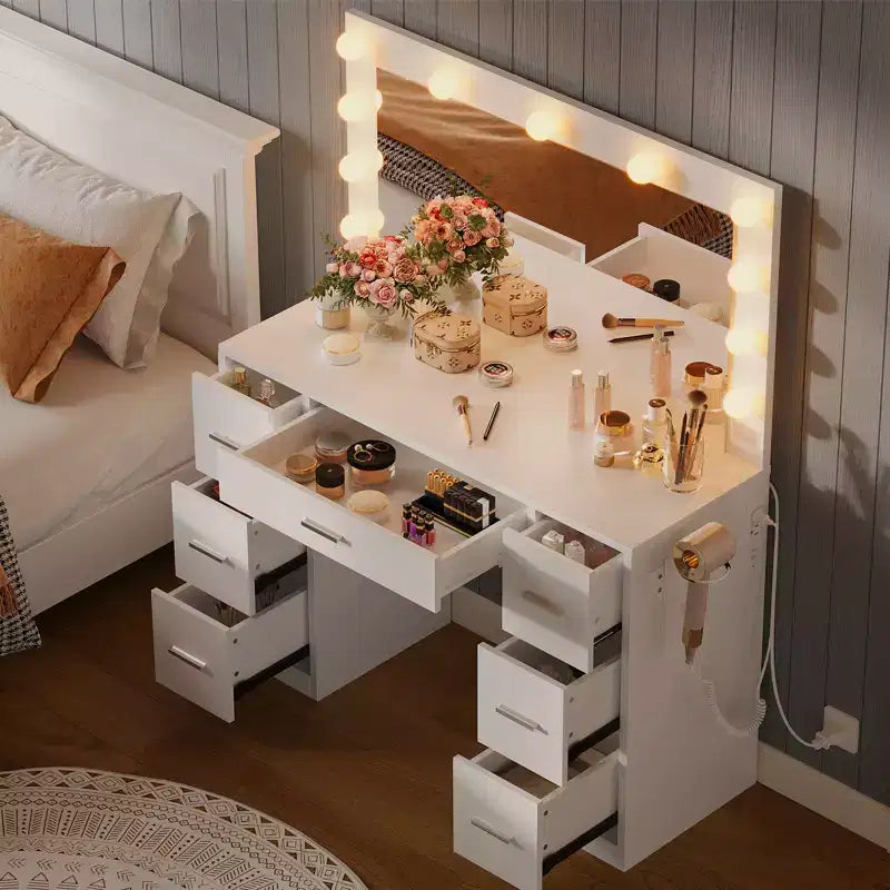 Coiffeuse de style rustique avec miroir éclairé à plateau en verre
