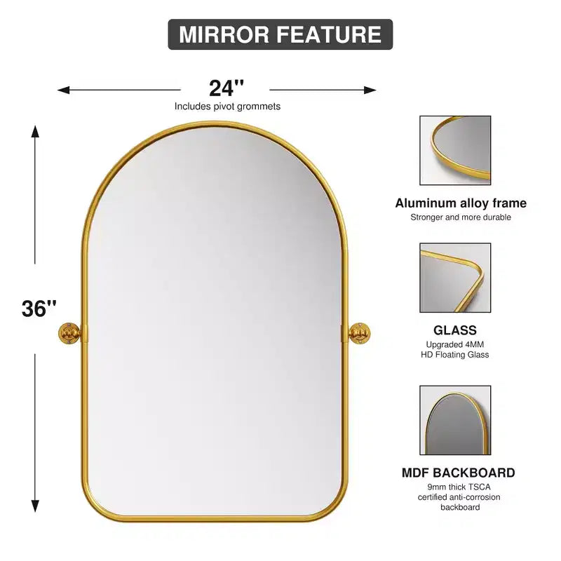 Miroir mural pivotant en fer forgé couleur or en forme d'arche à coins arrondis