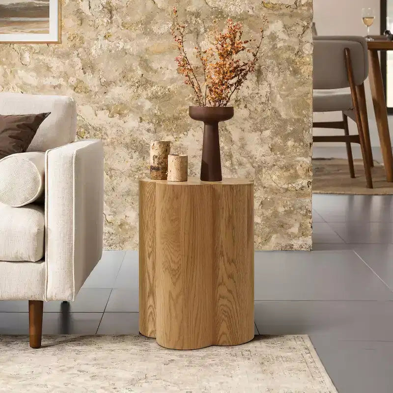 Table d'appoint et de bout ronde haute en bois manufacturé au grain de bois