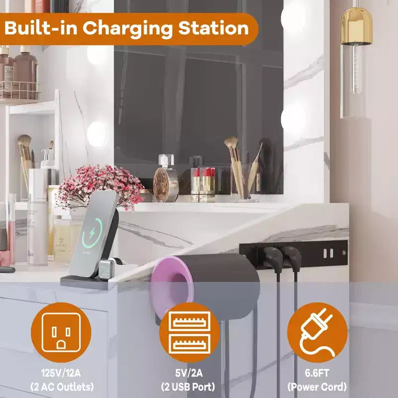Coiffeuse avec prise électrique, Meuble-lavabo pour maquillage
