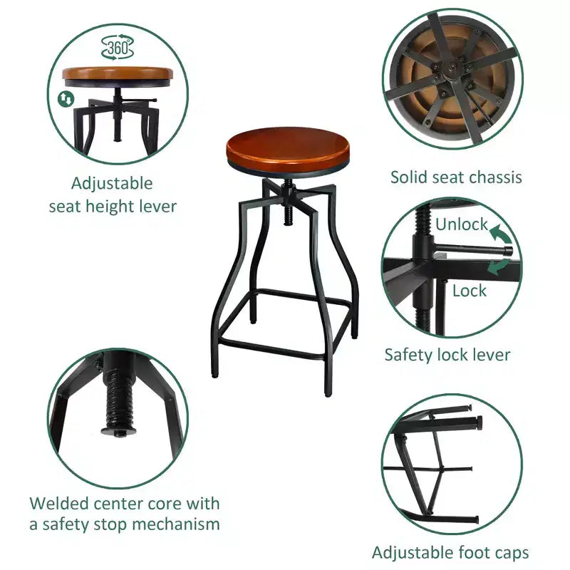 Tabouret de bar de cuisine pivotant en métal de style rustique rétro