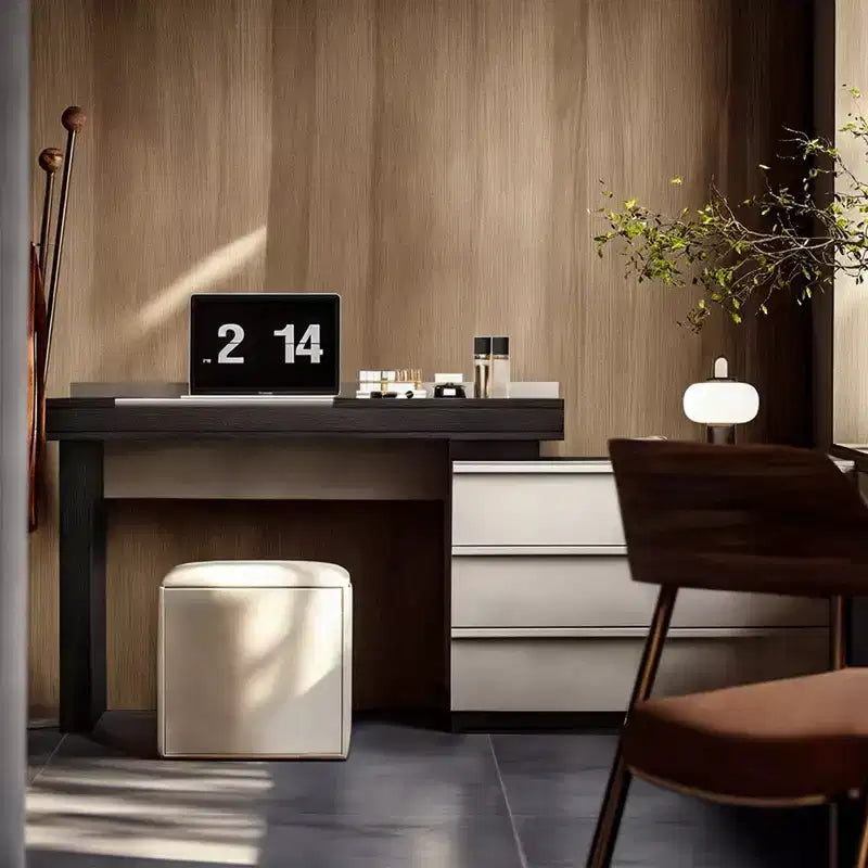 Luck Live Modern desk or vanity table that can be adjusted and extended at multiple angles, accompanied by a soft stool.