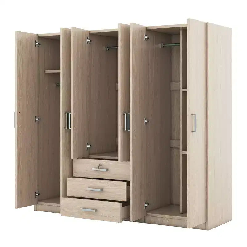 Armoire en bois 6 portes pour chambre, avec grands tiroirs, marron